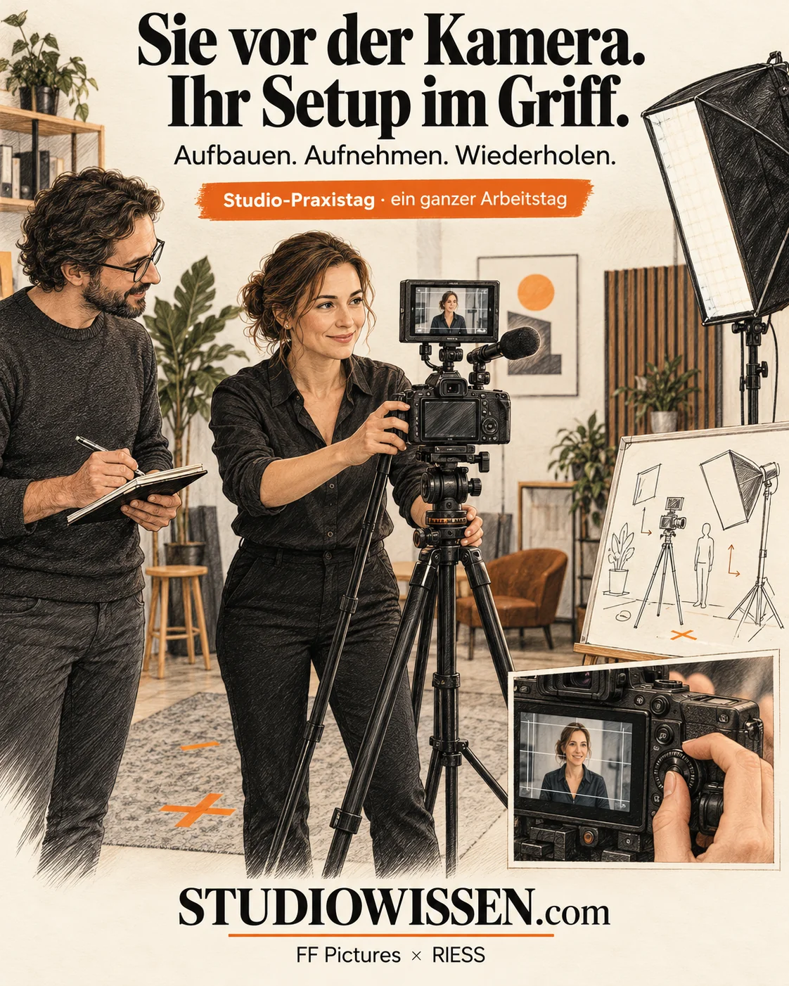 Illustration: a professional content creator operates her camera while a trainer documents the setup.