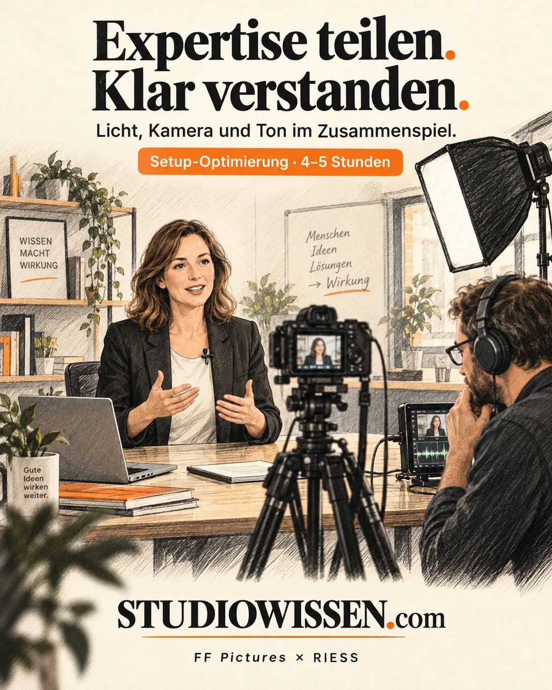 Illustration: a specialist speaks to camera while a trainer checks the sound using headphones.