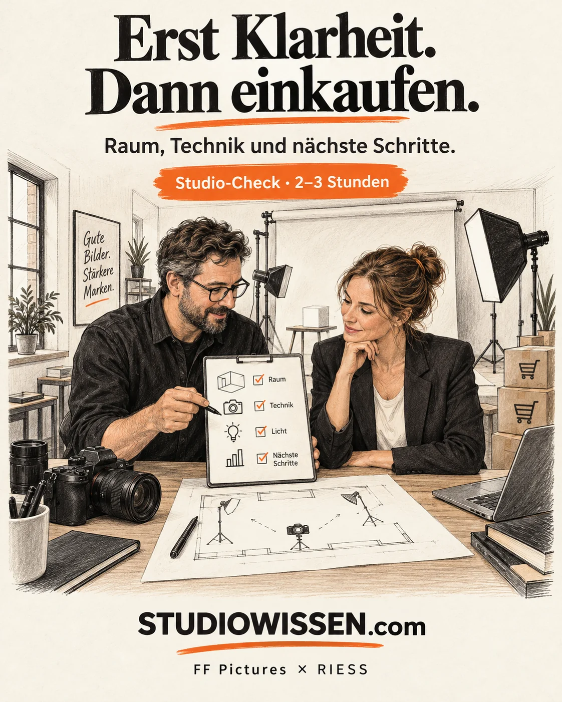Illustration: client and consultant reviewing a room plan and existing studio equipment.