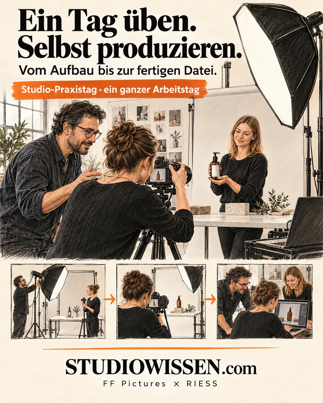 Illustration: a team practises setup, capture and image review with a trainer.