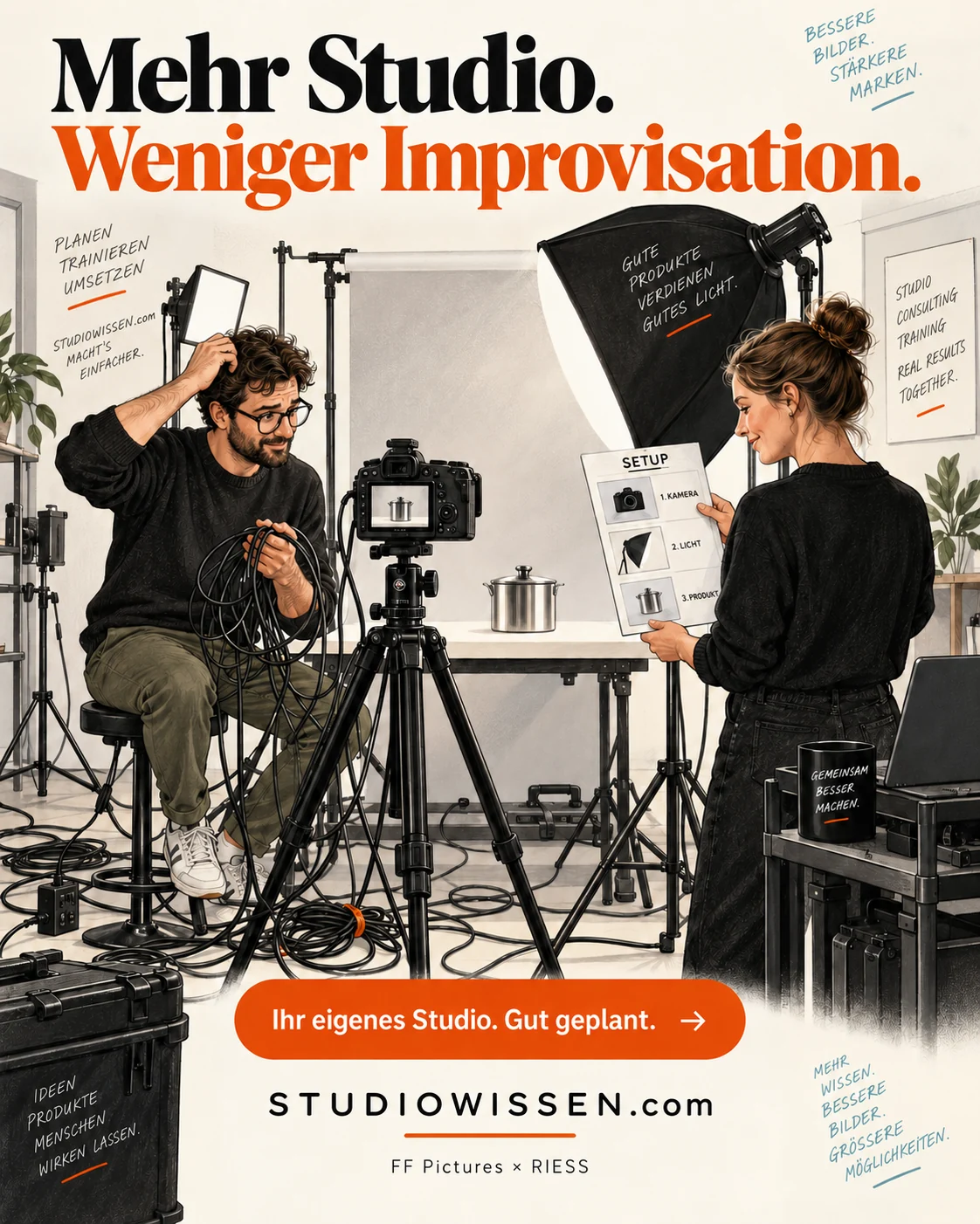 Mehr Studio. Weniger Improvisation. – Illustrationsmotiv von STUDIOWISSEN.com