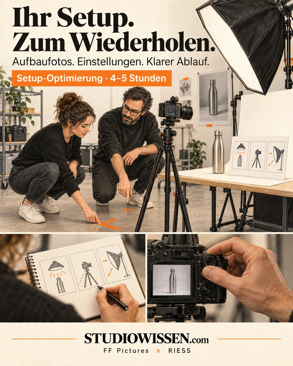 Illustration: product studio with marked camera and lighting positions and a settings record.