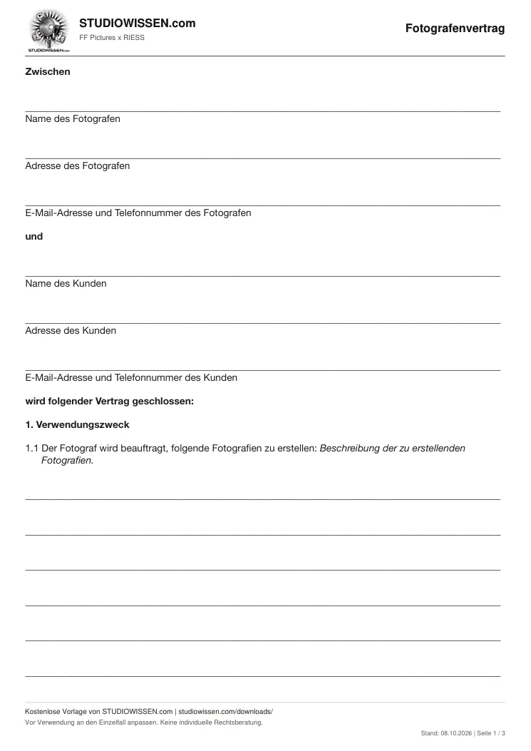 Vorschau der ersten Seite: Fotografenvertrag mit STUDIOWISSEN.com-Logo