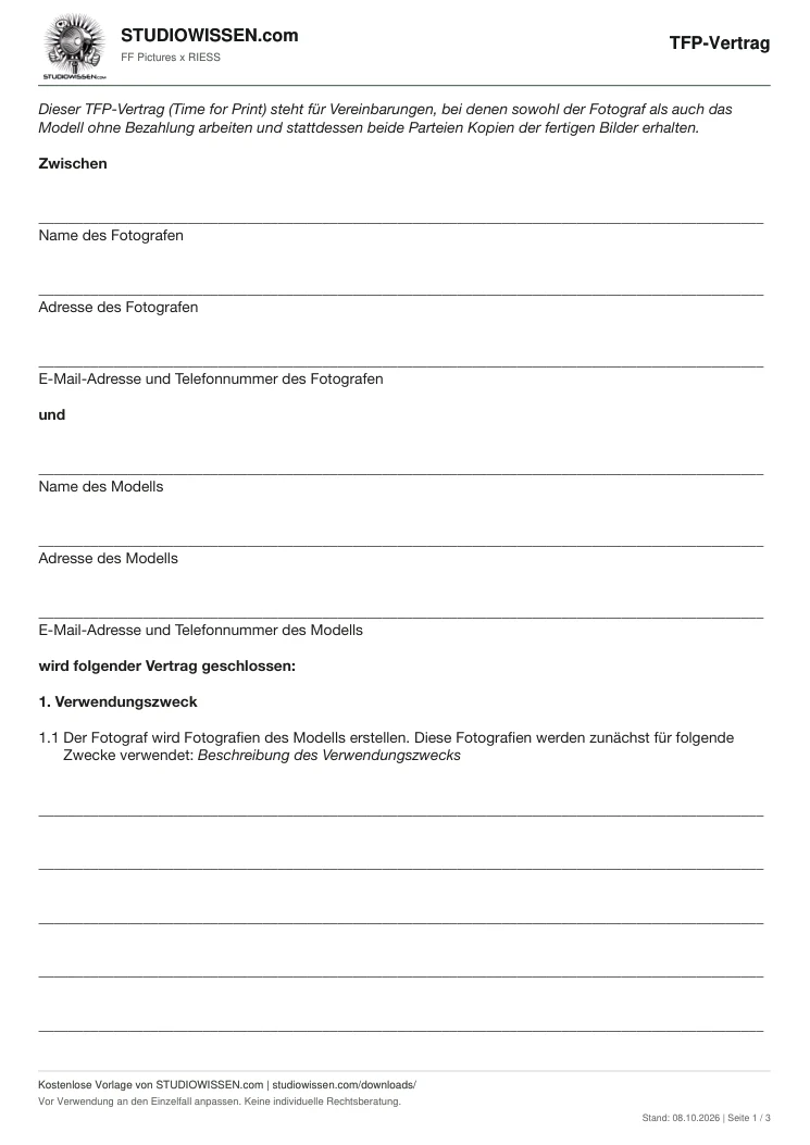 Vorschau der ersten Seite: TFP-Vertrag mit STUDIOWISSEN.com-Logo